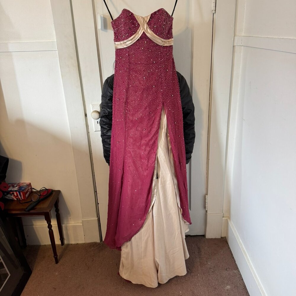 Women's berry colored beaded strapless evening gown. Size 8. NWT.